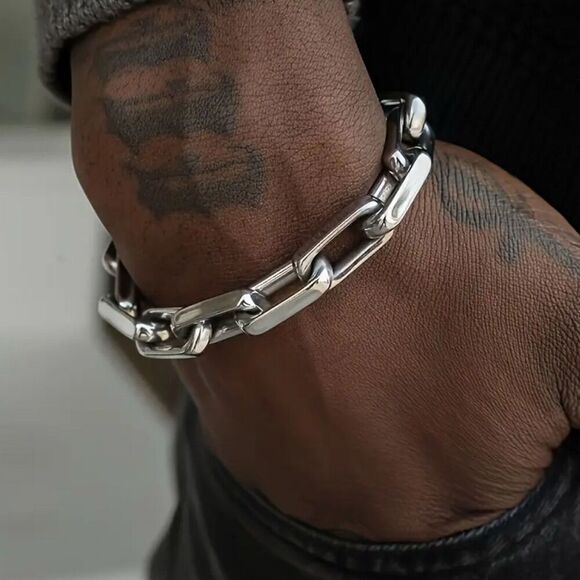 Men's Silver Paper Clip Chain Bracelet 8 in Punk Rock Tattoo Band Biker Edgy - Picture 1 of 7